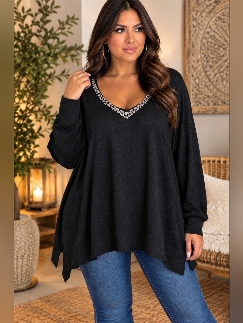 NWT! Adrianna Papell Black Embellished V-Neck Tunic Sweater Size 2X  ⚠️READ FLAW